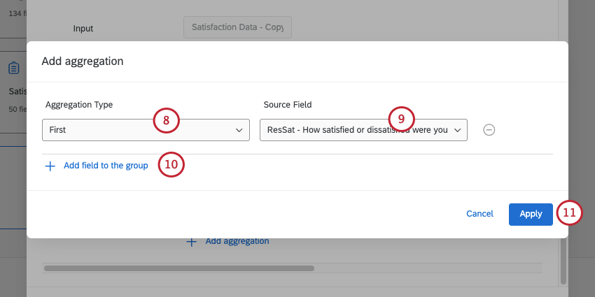new modal where you set the aggregation type and source field