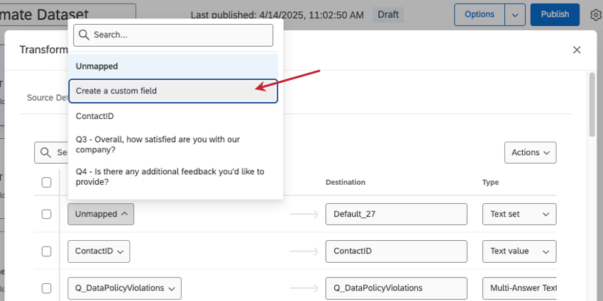 custom field option highlighted in field selection menu