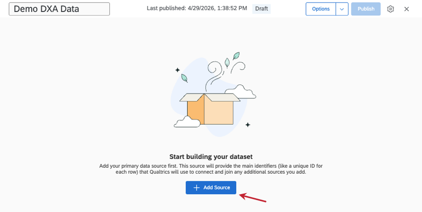add source button on a splash page when you first make an empty data model