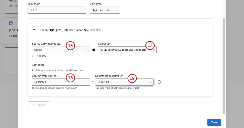 modal where the join is being configured