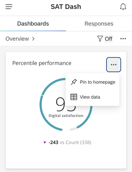 gauge chart widget in the XM app. the 3 dots in the upper right corner are clicked, revealing options for pin to homepage and view data