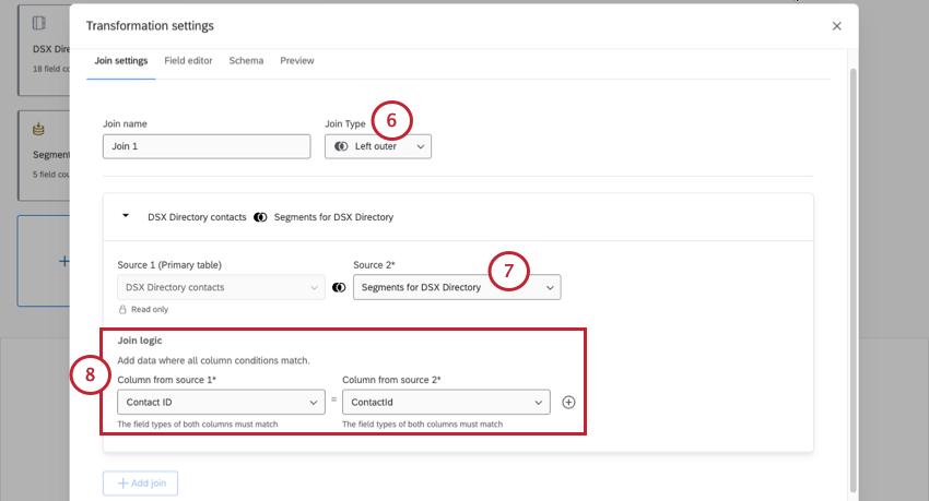 new transformation modal opens where the type of join and its logic are set