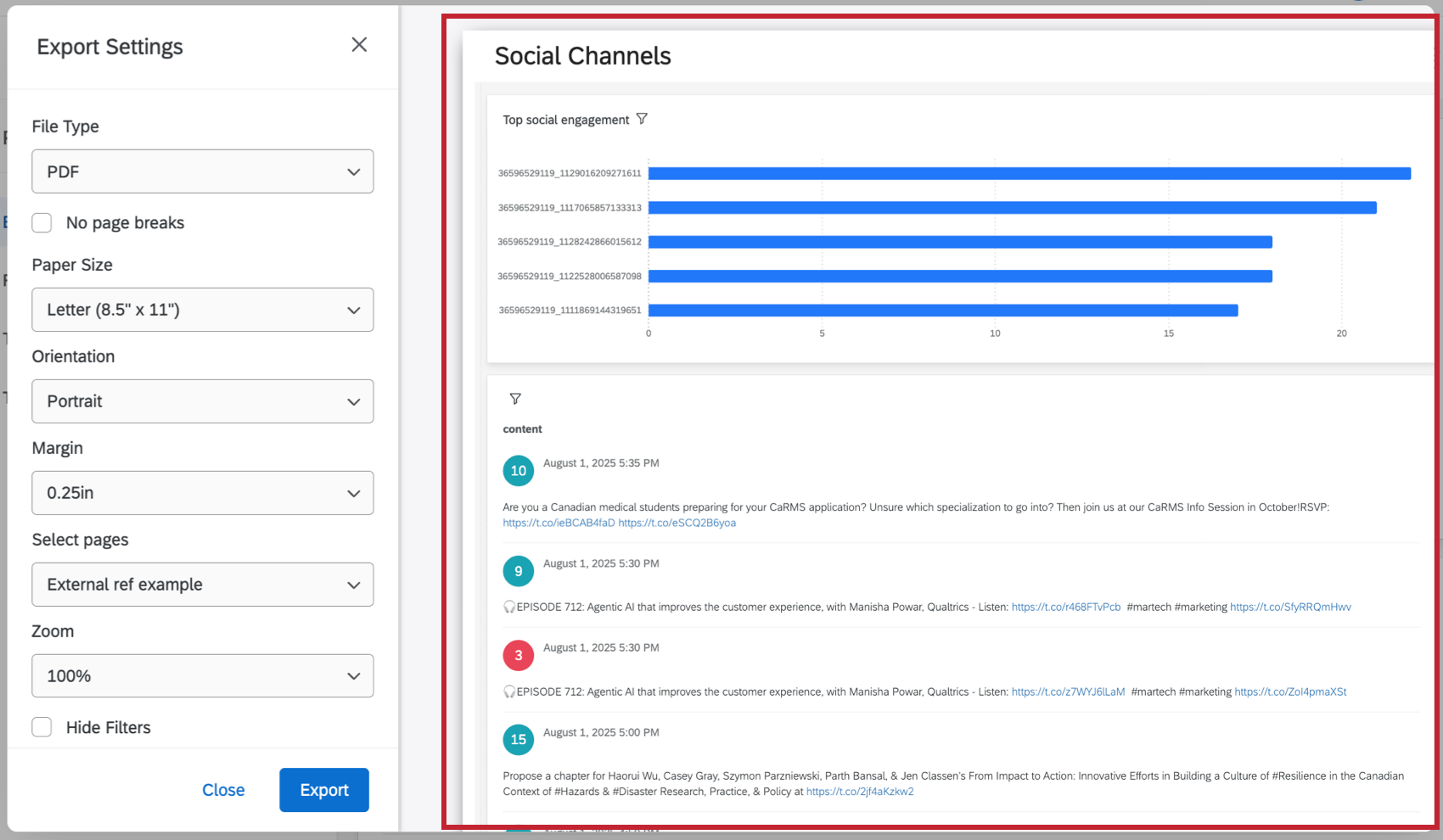 preview of a PDF export from a dashboard highlighted