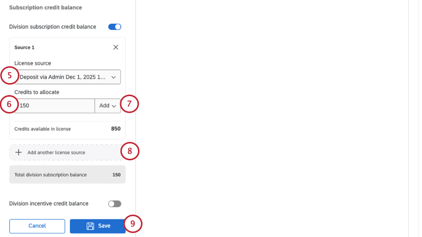 zoomed into left settings where you allocate subscription credits