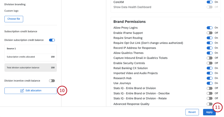 edit allocation button at bottom of credit allocations that've been saved. apply button in blue on bottom right of page
