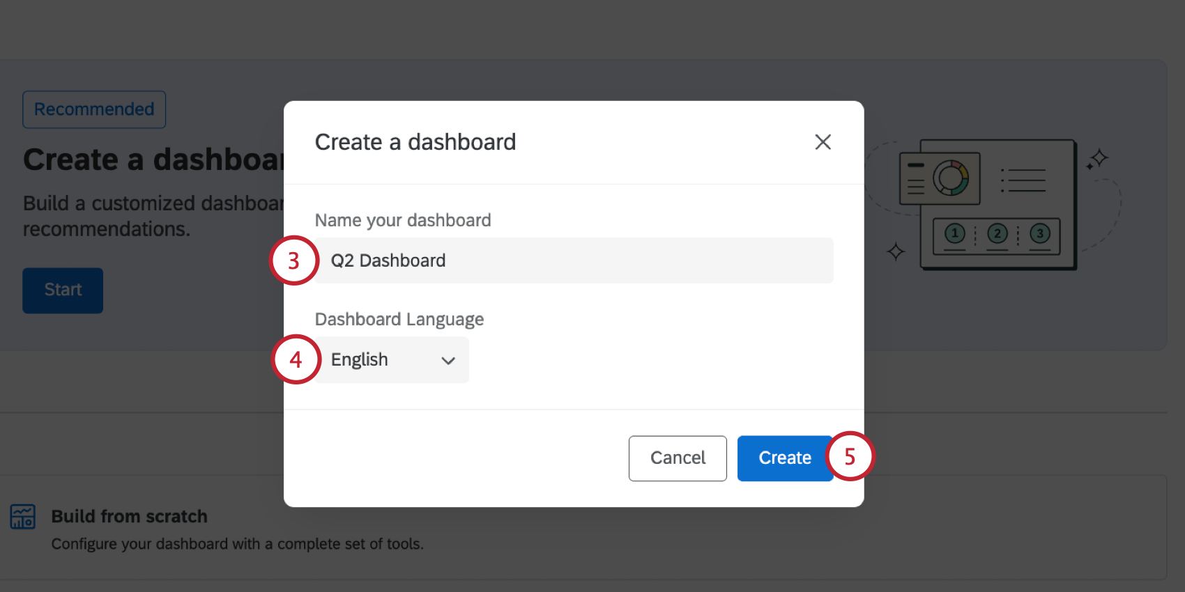 naming the dashboard and choosing a language