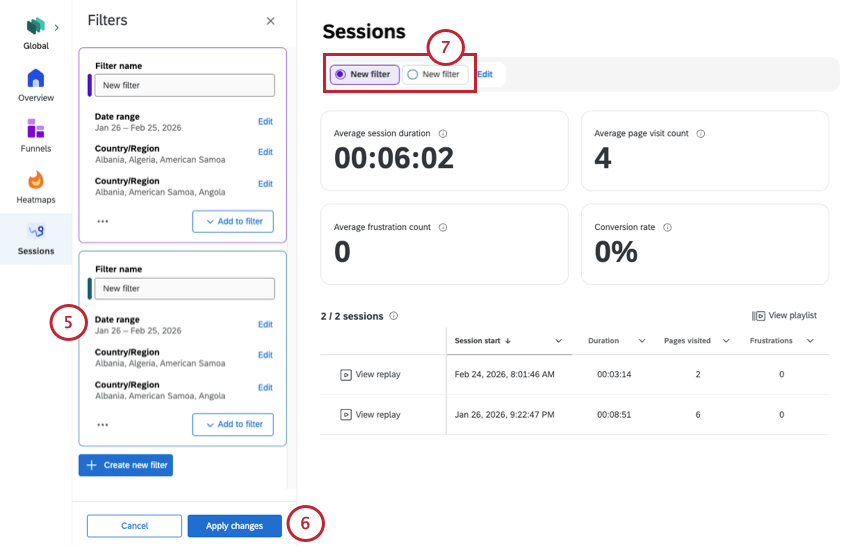 date range filters and the apply changes button