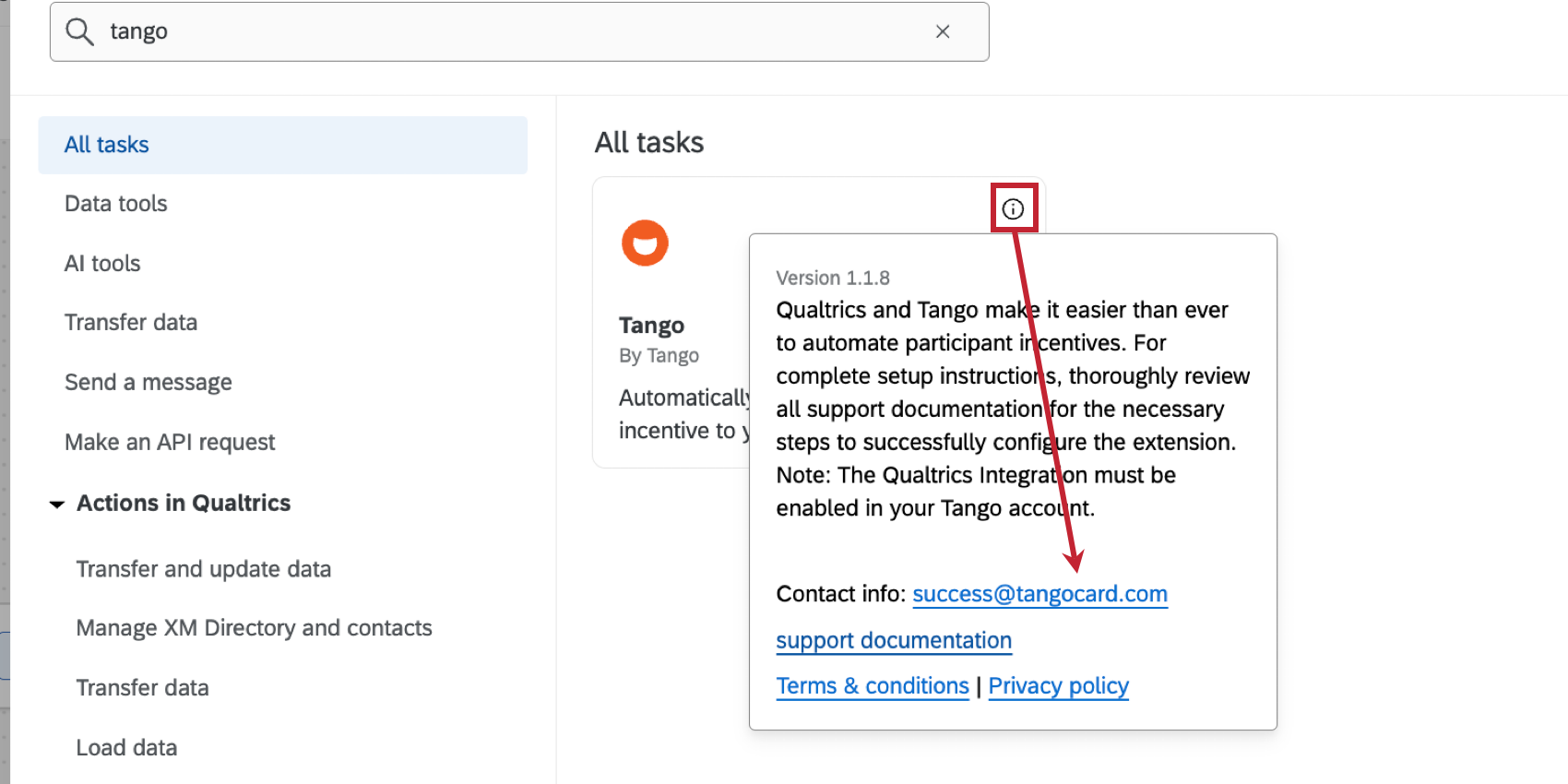 clicking the tango task to view support information