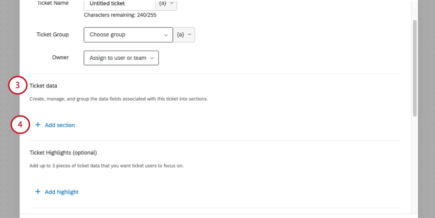 ticket data section of a tickets task