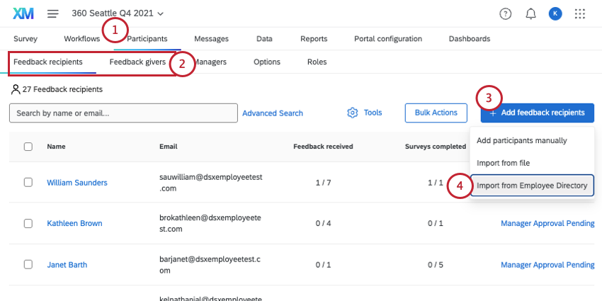 opening a tab, clicking the add participants menu, and selecting the option to import from the global directory