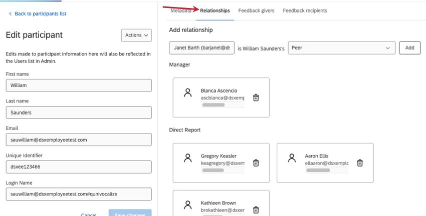 relationships tab inside the participant info window is highlighted