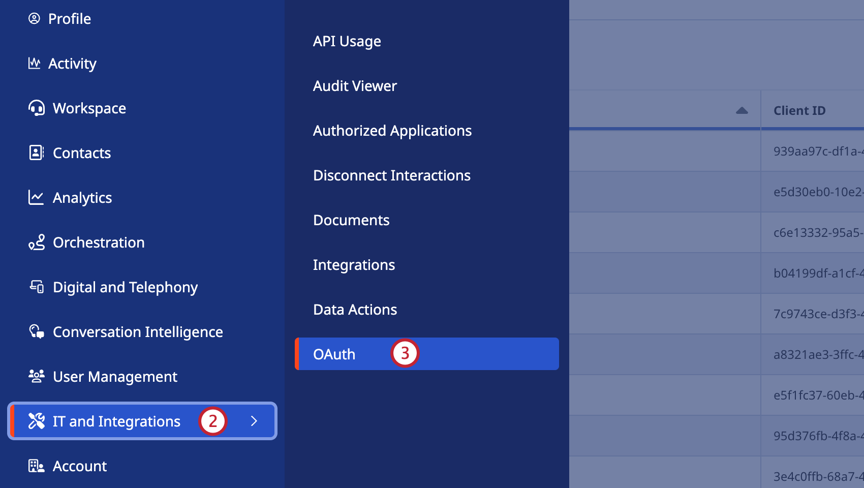 tabs highlighted within genesys that take you to the area to create an oauth client