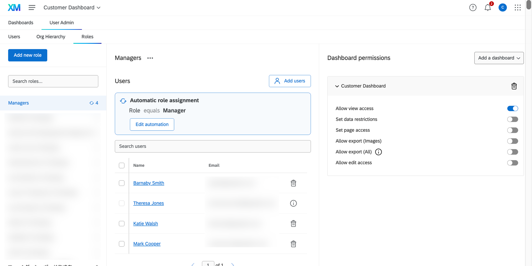 the roles tab of a cx dashboards project