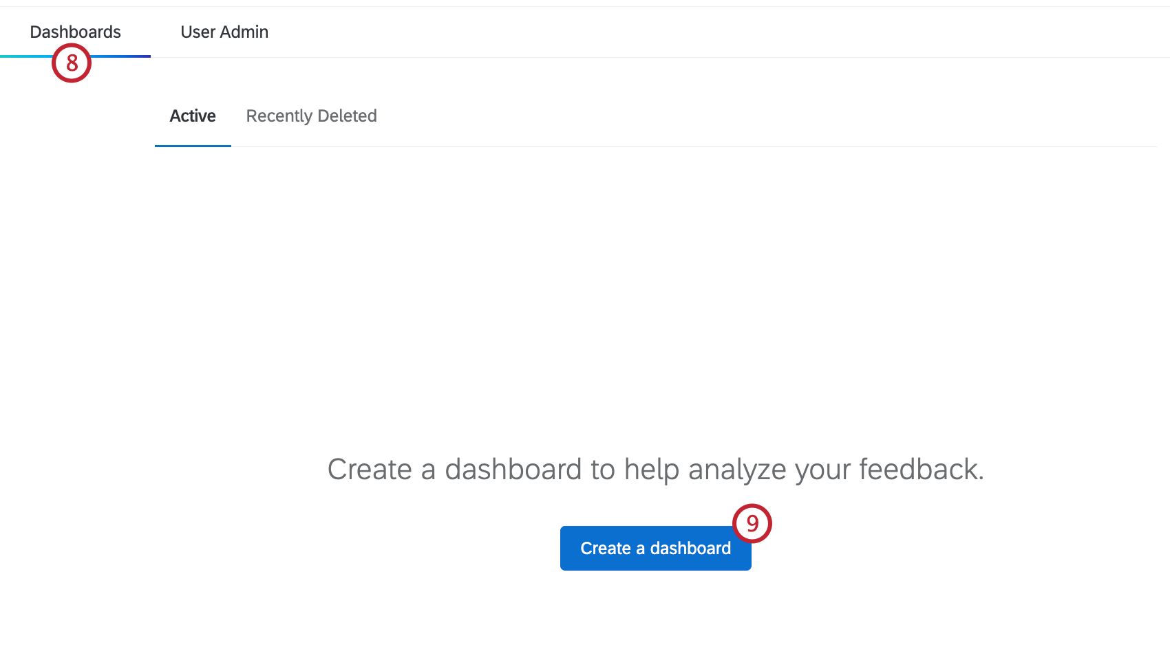 "create a dashboard" button highlighted within the dashboard tab