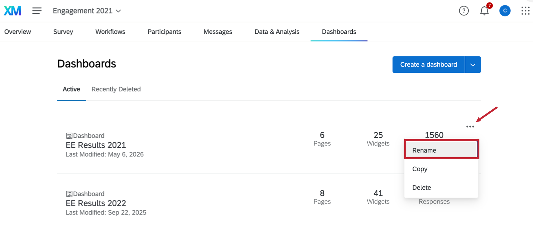 arrow pointing to the highlighted "rename" button of an individual dashboard