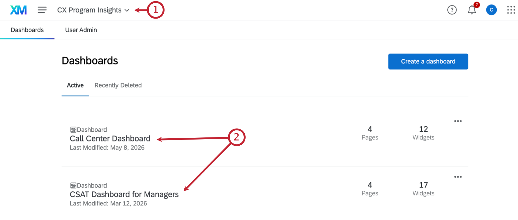 arrows pointing to the overall dashboard title as well as the dashboards within the project