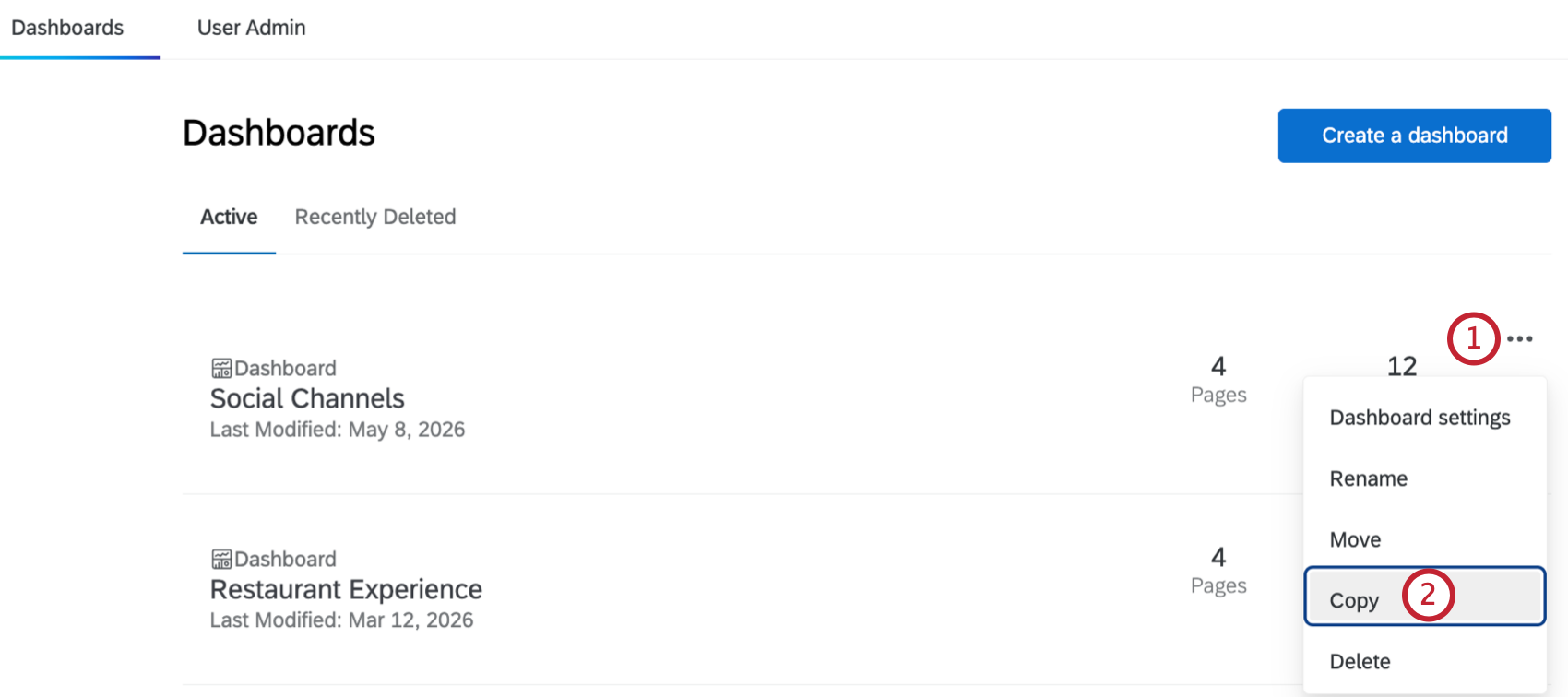 "copy" button within the extra dashboard options