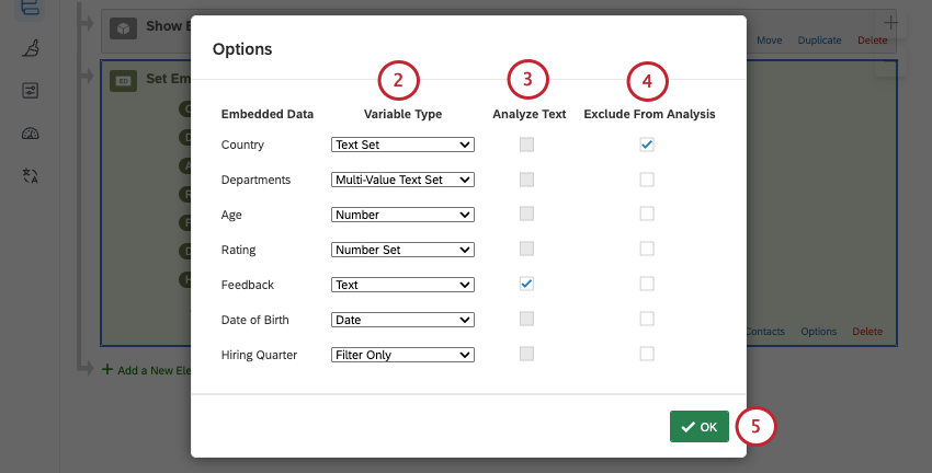 new modal opens named options with column for name, variable type, analyze text, and exclude from analysis