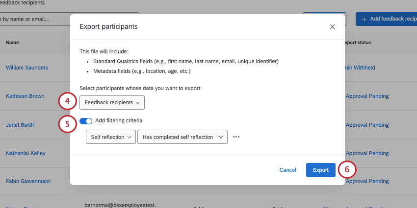 modal that opens where you choose which participants to export
