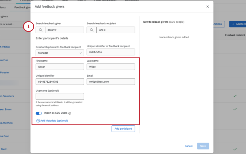 image of searching a feedback giver and what fields are filled out as a result