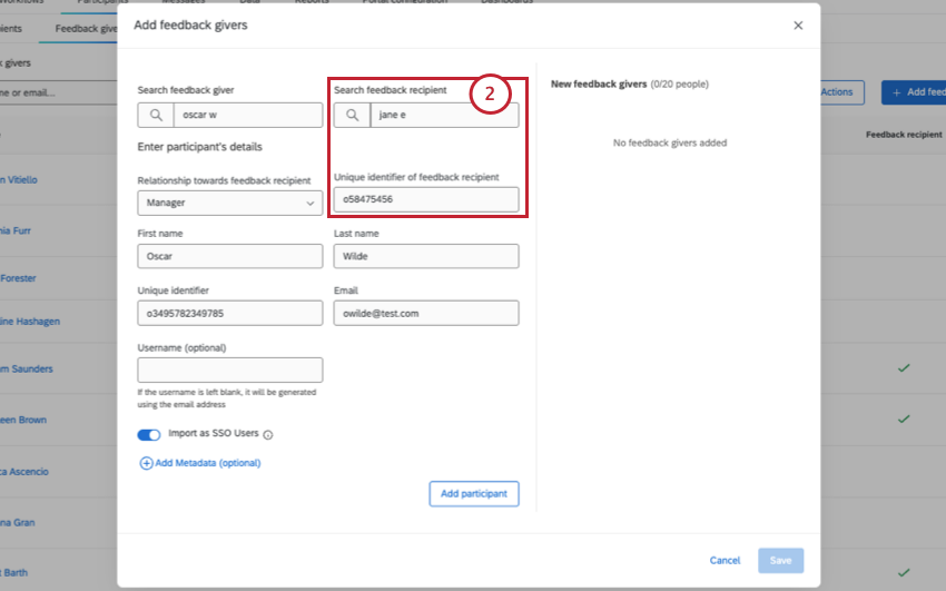feedback recipient being entered for the giver you just added