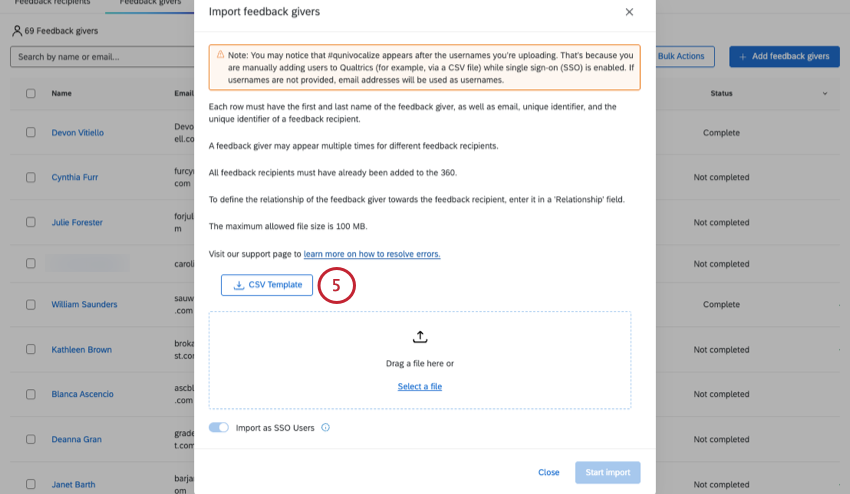 CSV template button in the 360 page