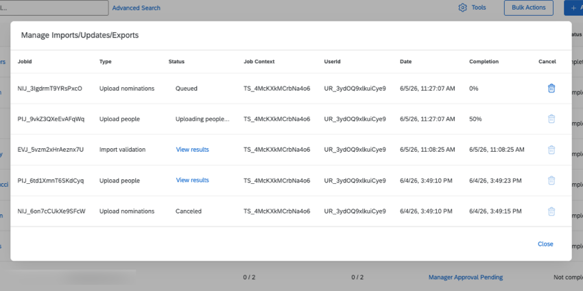 modal that shows import status and history