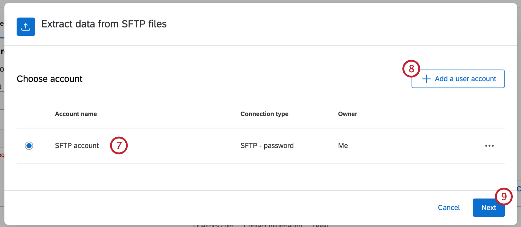 an existing SFTP account selected, with the option to enter credentials for a new one