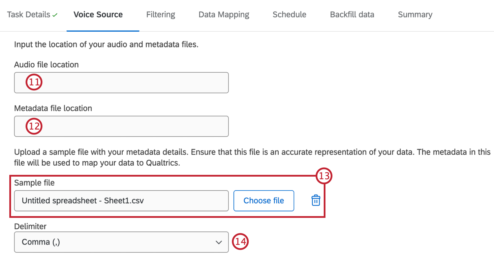 fields to configure the voice source filled out