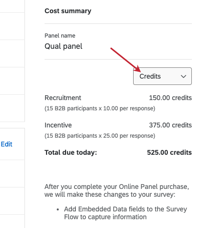 menu for switching between types of costs