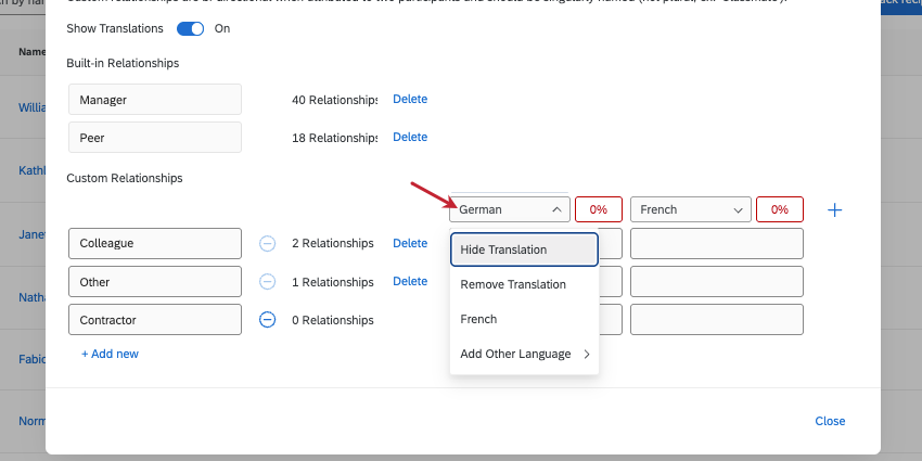 clicking the name of a language and seeing the menu that appears