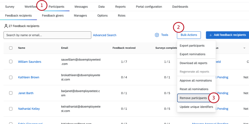 removing participants under the bulk actions. no participants are selected in this screenshot