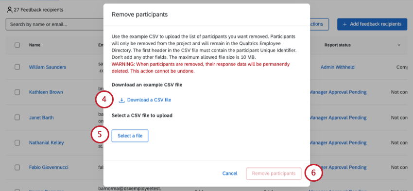modal with example CSV to download and place to add your own file