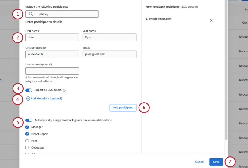 page where you manually search select and upload feedback recipients