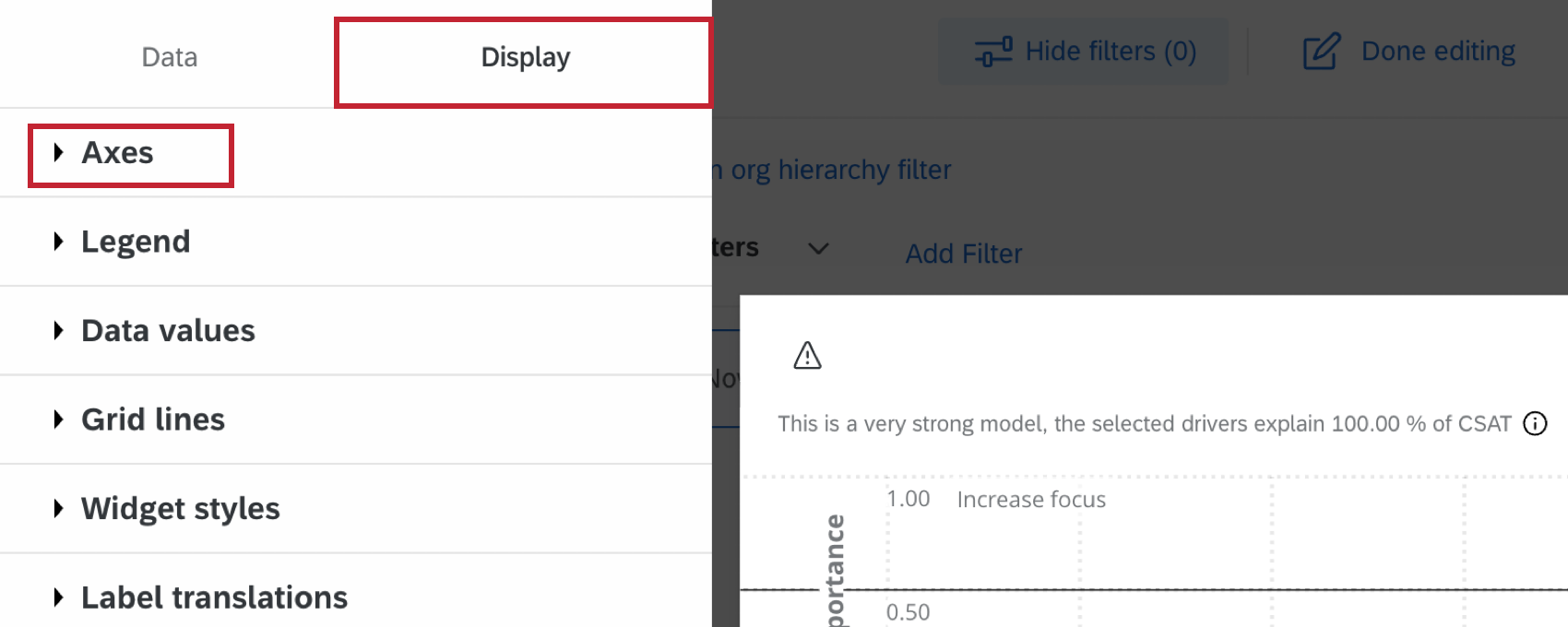 the axes section of the display tab highlighted