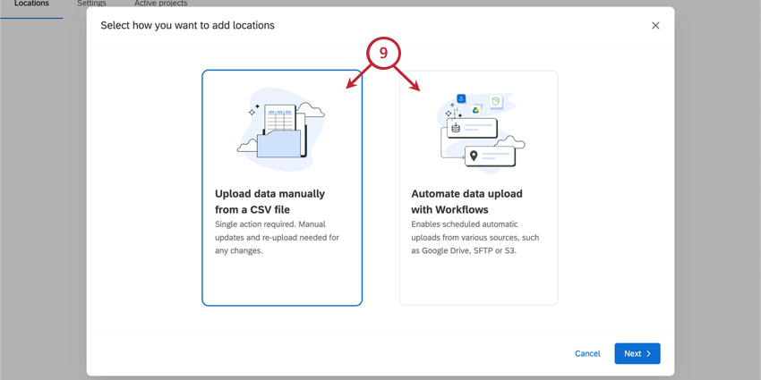 new modal appears with 2 options - adding through a file and automation