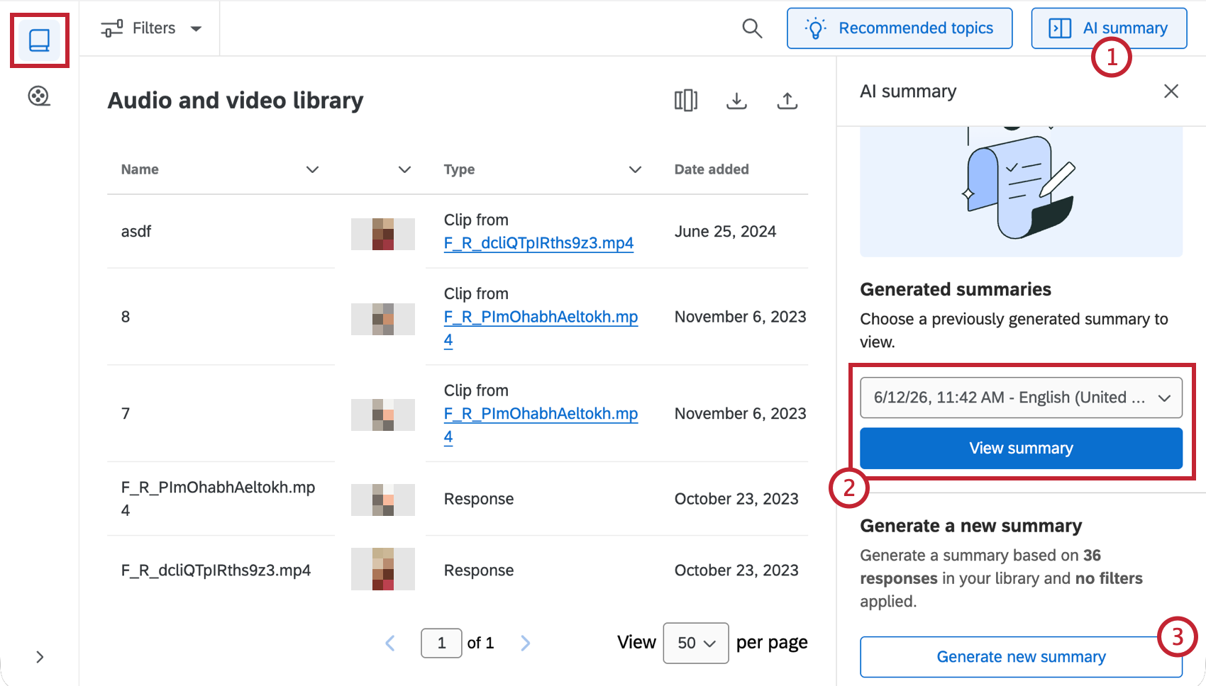 View summary button highlighted within the audio and video editor