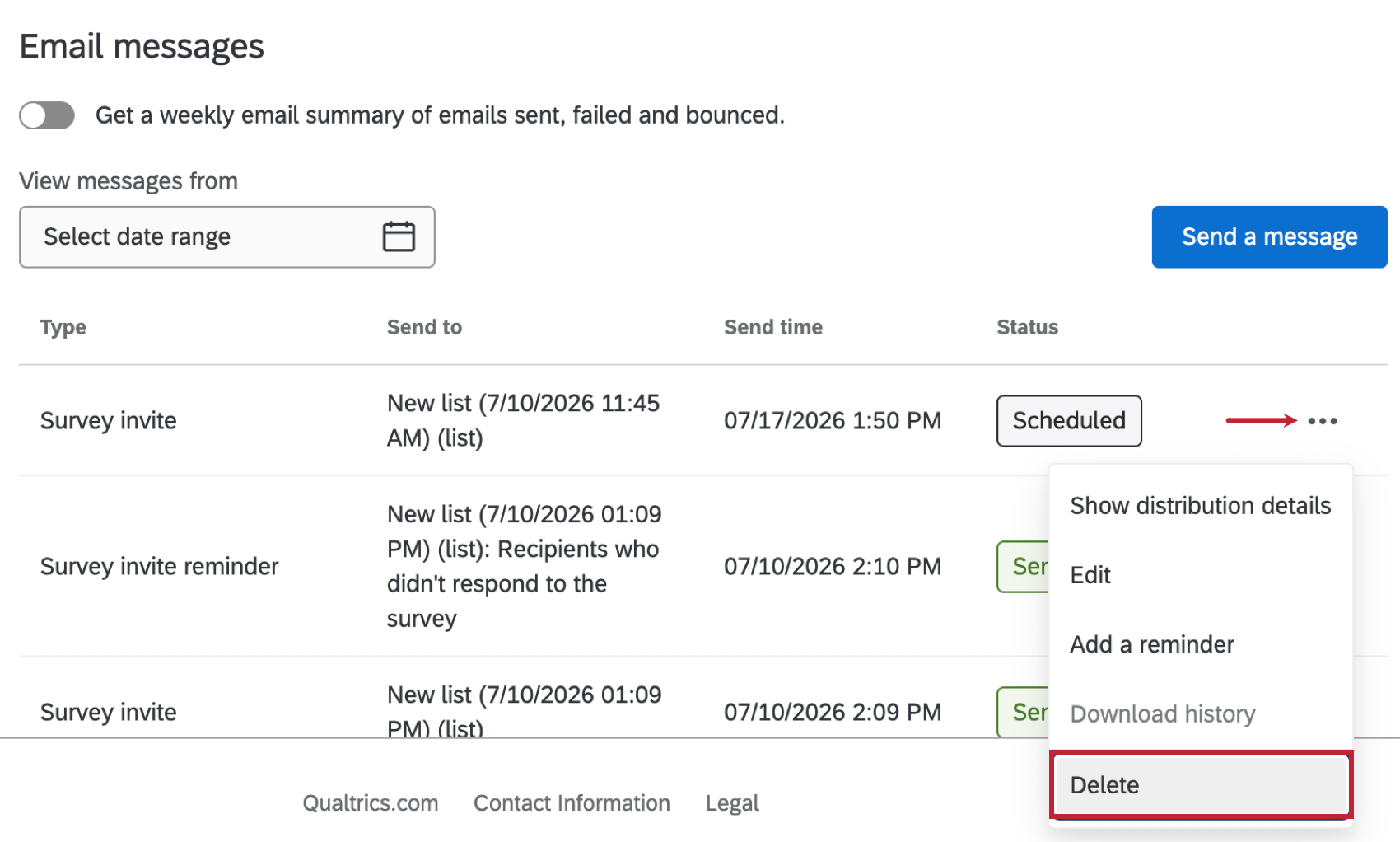 Delete button highlighted within the distribution options menu