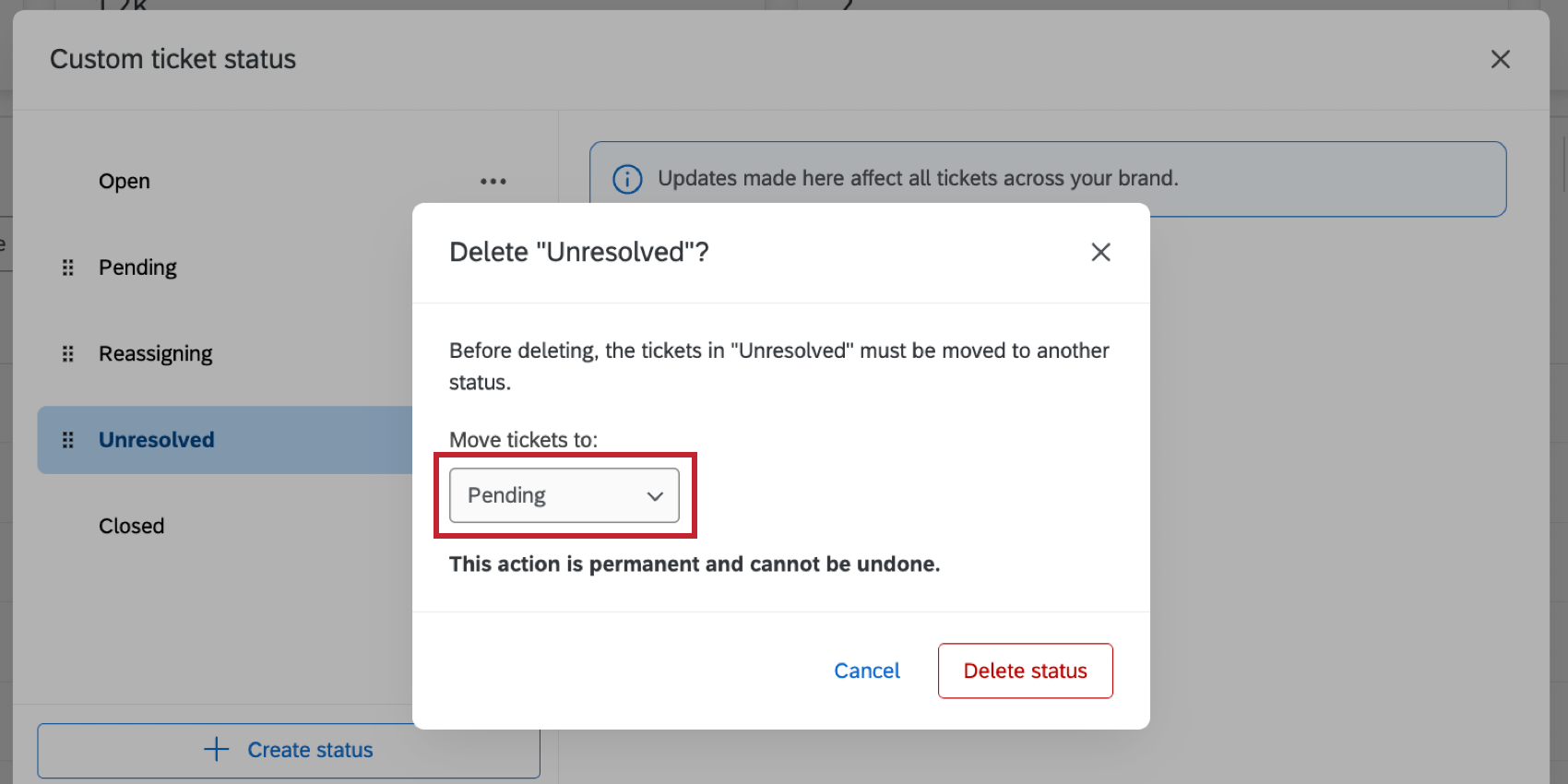 choosing a status to move tickets to for a deleted status