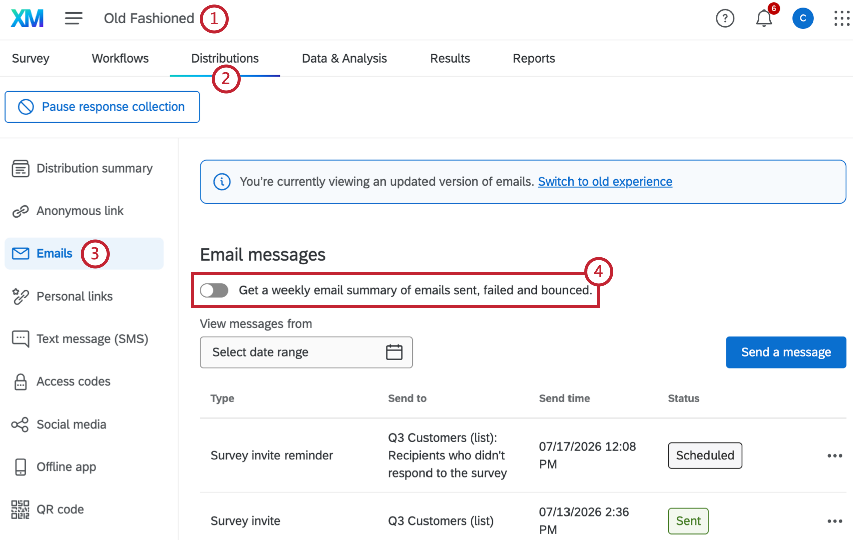 toggle at the top of the emails tab highlighted, this toggle enables weekly email summaries of distributions