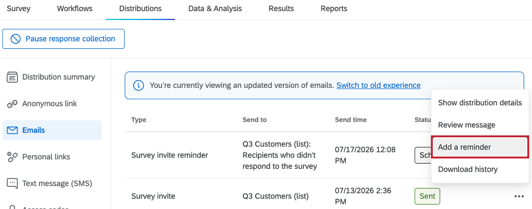 add a reminder button highlighted within the options for a distribution