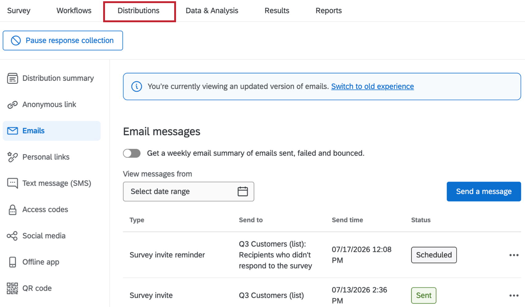 distributions tab within a project highlighted