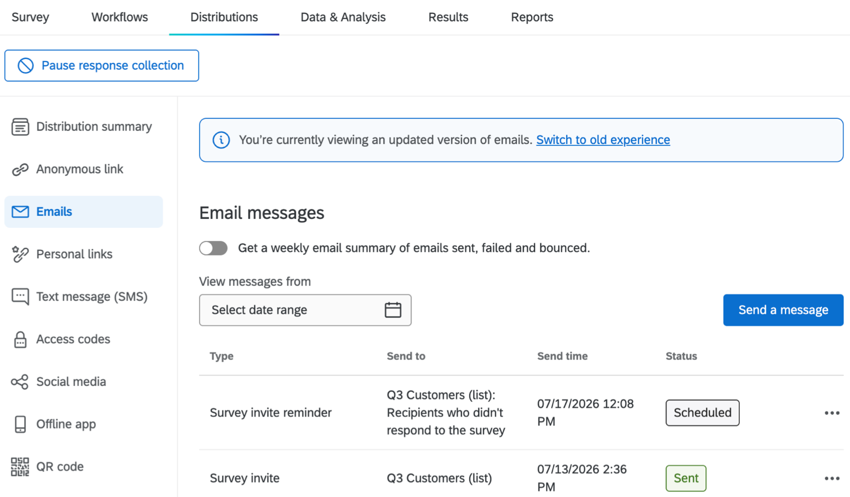 distributions tab within a survey project
