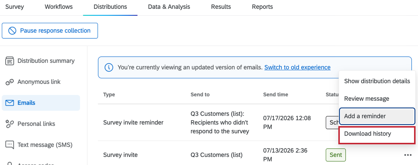 download history button within the email options