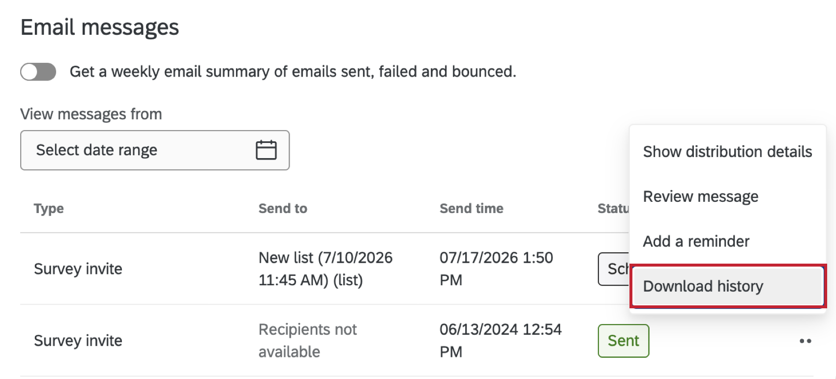 download history button highlighted within the options menu of a distribution