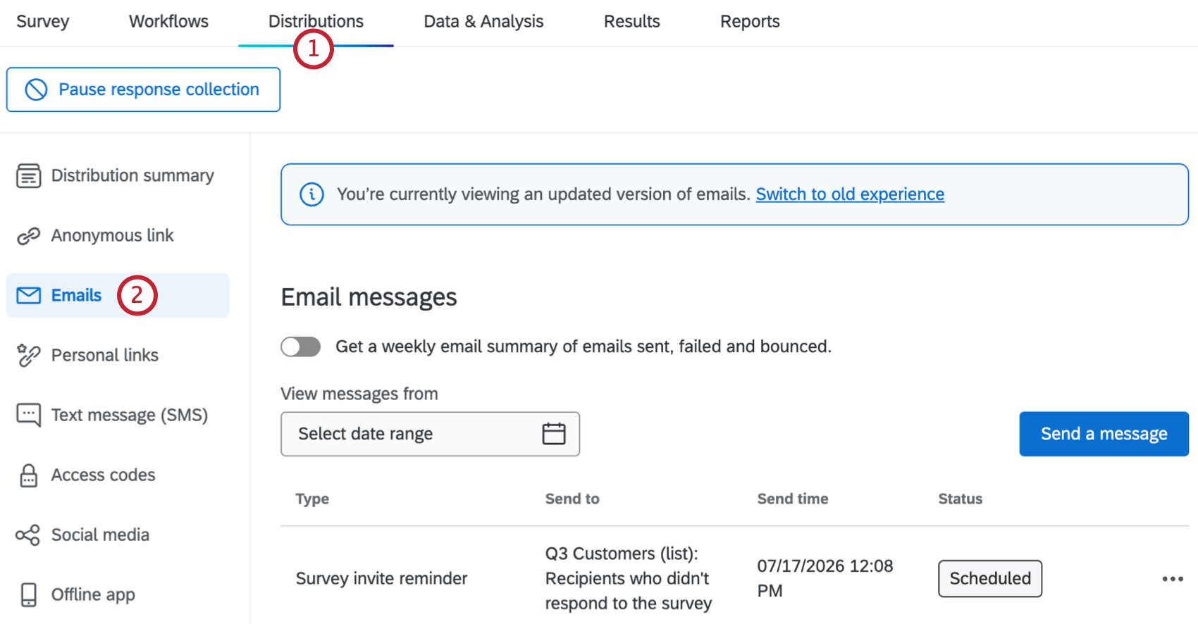 emails page within the distributions tab