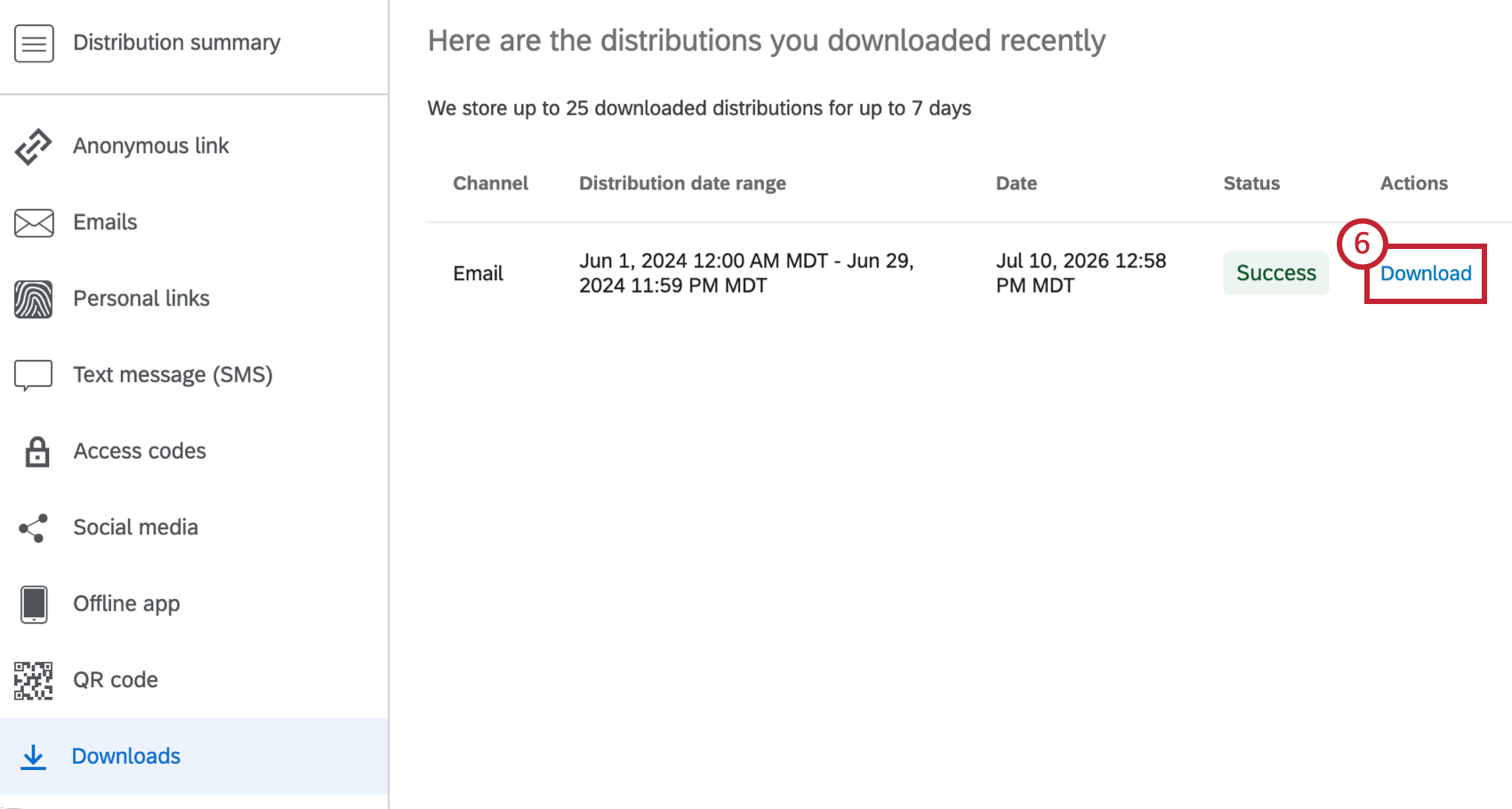 download button highlighted next to a distribution history file