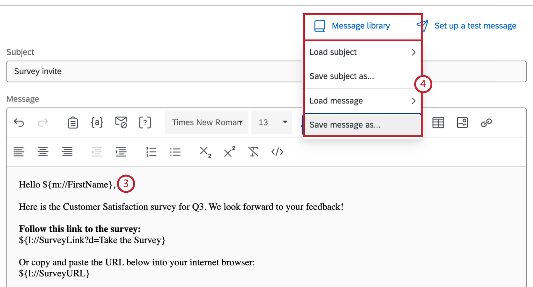 options to save and load a message from the Library highlighted