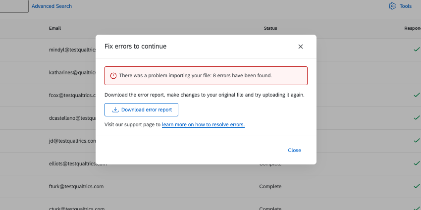 image of uploader with red bannger explaining there was a problem with a button to download the error report