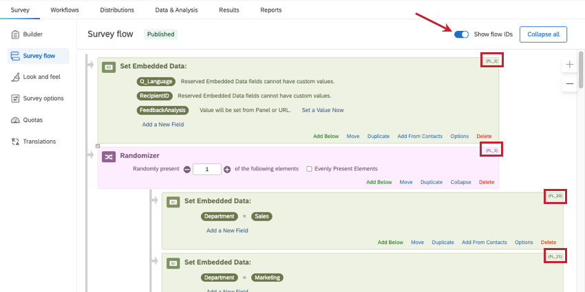 in the top-right of the survey flow is a small switch that shows IDs on each element once activated